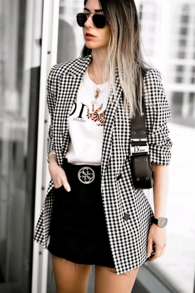 Loose Black and White Plaid Pattern Printed Double-Breasted Retro Long Blazer