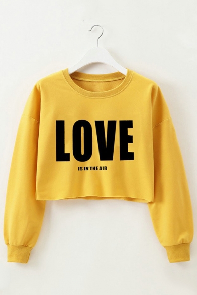 LOVE IS IN THE AIR Letter Print Round Neck Long Sleeve Crop Loose Pullover Sweatshirt
