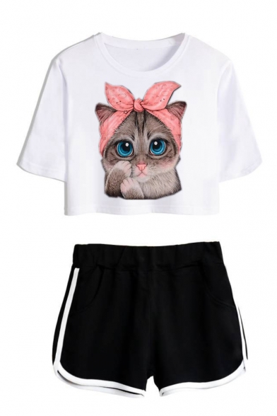 Lovely Cartoon Bow Cat Printed Short Sleeve Crop Tee with Dolphin Shorts Two-Piece Set