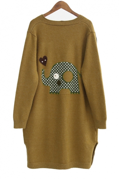 Lovely Elephant Print Open Front Drop Sleeve Cardigan with Pockets for Women