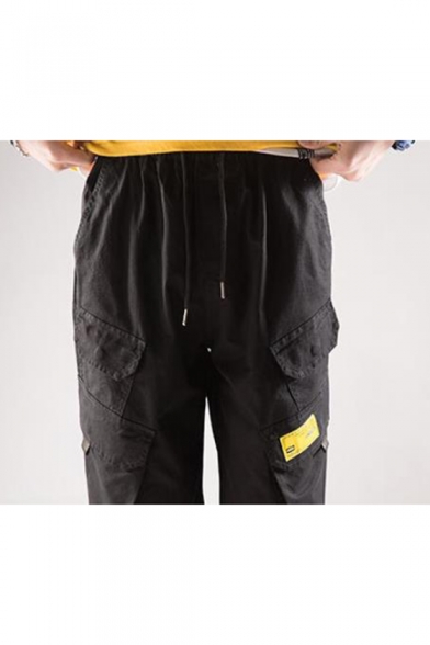 Men's Basic Fashion Letter Label Patch Multi-pocket Elastic Cuffs Casual Trendy Cargo Pants