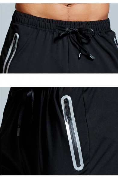 Men's Cool Fashion Simple Plain Zippered Pocket Black Drawstring Waist Casual Sports Sweatpants