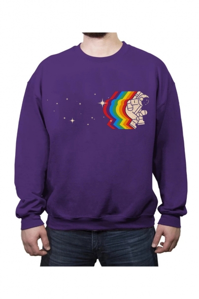 Men's New Fashion Cartoon Astronaut Rainbow Printed Round Neck Casual Sweatshirt
