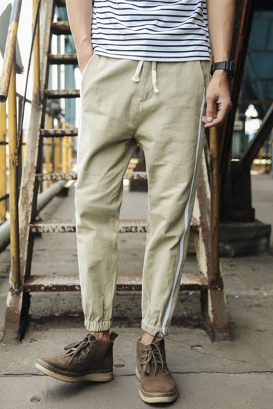 Men's New Fashion Contrast Stripe Side Drawstring Waist Elastic Cuffs Linen Casual Tapered Pants