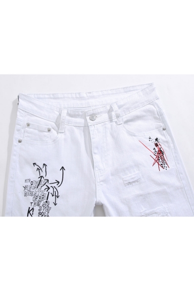 Men's New Fashion Letter Printed Embroidery Detail White Stretched Slim Fit Distressed Ripped Jeans