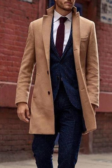 Men's New Fashion Plain Notched Lapel Collar Long Sleeve Double Breasted Dark Khaki Peacoat
