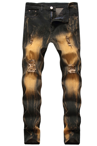 Men's New Fashion Trendy Distressed Ripped Vintage Brown Unique Washing Jeans