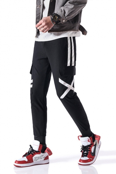 Men's Popular Fashion Stripe Side Flap Pockets Drawstring Waist Black Casual Slim Cargo Pants
