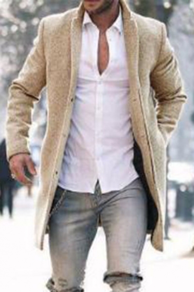 Men's Popular Stand Collar Long Sleeves Open-Front Plain Casual Mid-Length Overcoats
