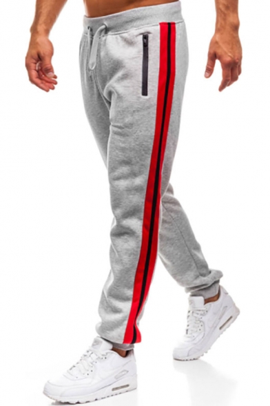 Men's Trendy Contrast Stripe Side Zippered Pocket Drawstring Waist Loose Cotton Sports Sweatpants