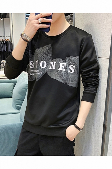 Mens New Fashion Letter STONES Printed Round Neck Long Sleeve Casual Pullover Sweatshirts