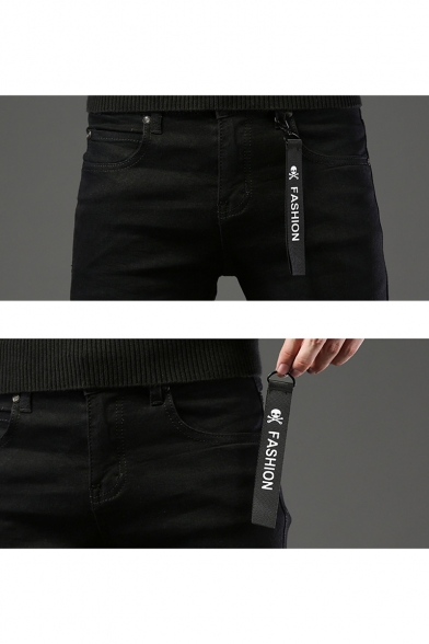 Mens Popular Fashion Simple Plain Letter Ribbon Embellished Black Casual Slim Pencil Pants Jeans