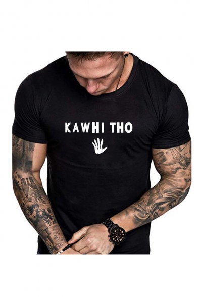 Mens Summer Trendy KAWHI THO Letter Hand Print Round Neck Short Sleeve T-Shirt