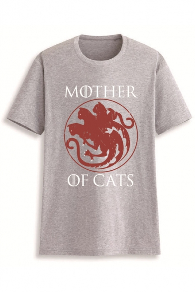 MOTHER OF CATS Letter Cat Printed Short Sleeve Round Neck Casual Loose Cotton T Shirt