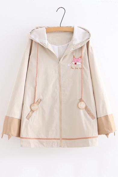 New Arrival Cute Fox Printed Loose Cuffs Khaki Hooded Zipper Jacket Coat with Pocket
