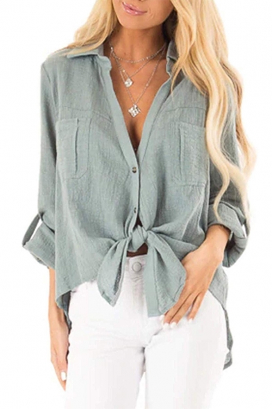 New Arrival Long Sleeve Button Down Knotted Front Loose Cotton Linen Shirt