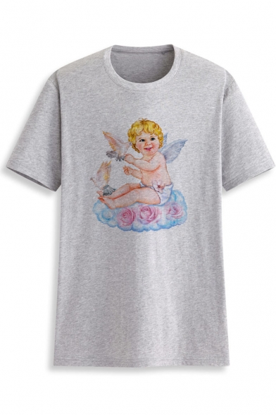 New Arrival Short Sleeve Round Neck Angel Baby Floral Dove Printed Straight Chic T Shirt