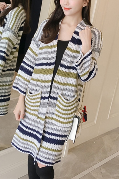 New Arrival Strip Print Drop Sleeve Open Front Cardigan with Pockets for Women