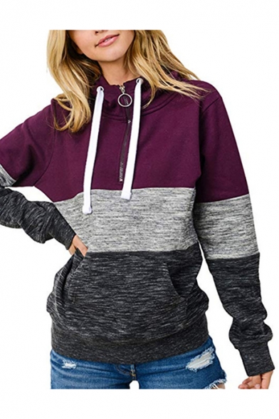 

New Fashion Half-Zip Front Color Block Long Sleeve Hoodie with Pocket, Black;burgundy;pink;white, LM555077