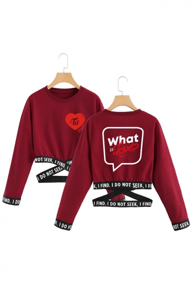 New Fashion Round Neck Long Sleeve What Is Love Letter Printed Cropped Pullover Sweatshirt