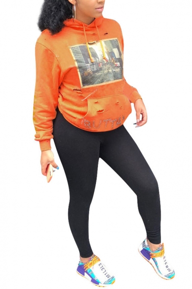 New Popular Printed Long Sleeve Distressed Cut Out Relaxed Hoodie With Pocket