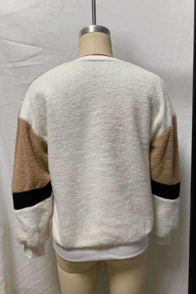 New Stylish Color Block Round Neck Long Sleeve Fluffy Teddy Sweatshirt