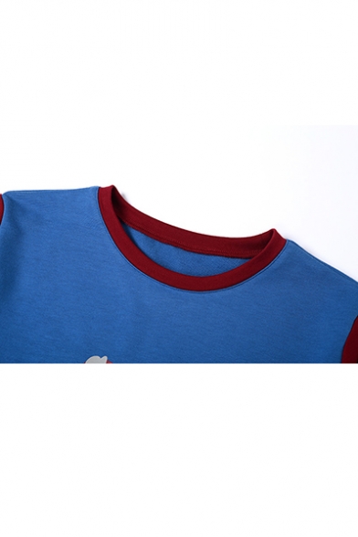 New Stylish Letter Lip Print Color Block Round Neck Long Sleeve Blue Cropped Pullover Sweatshirt