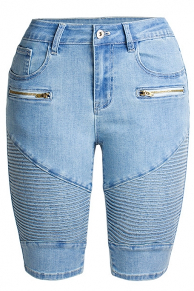 New Stylish Summer Blue Stretch Zip Embellished Straight Slim Fit Bermuda Denim Shorts