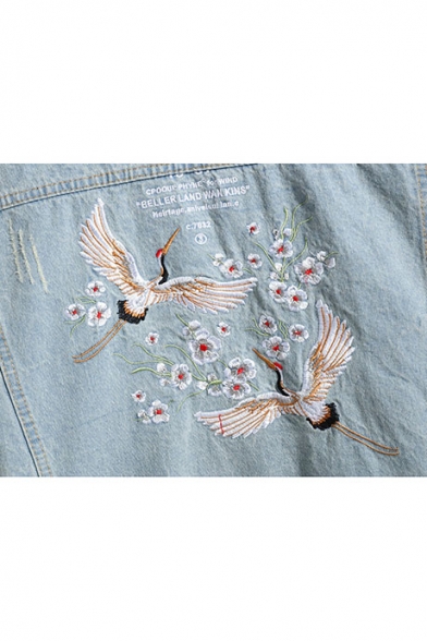 New Stylish Ukiyo-e Crane Embroidery Print Back Long Sleeve Light Blue Denim Jacket for Guys