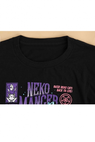New Trendy NEKO MANCER Letter Comic Printed Round Neck Short Sleeve Black T-Shirt