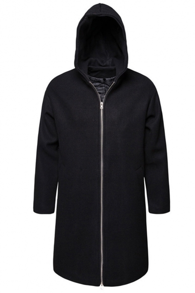 New Trendy Simple Plain Long Sleeve Zip Up Longline Casual Hooded Black Jacket For Men