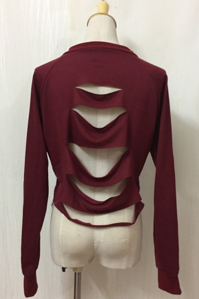 Popular Letter BLACKDOPE Printed Round Neck Long Sleeve Cut Out Back Cropped Burgundy Sweatshirt
