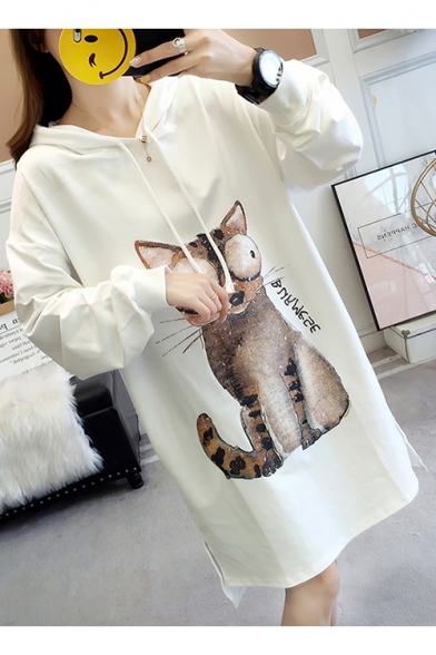 Popular Letter Cat Pattern Long Sleeves High Low Hem Slit Side Pullover Hoodie