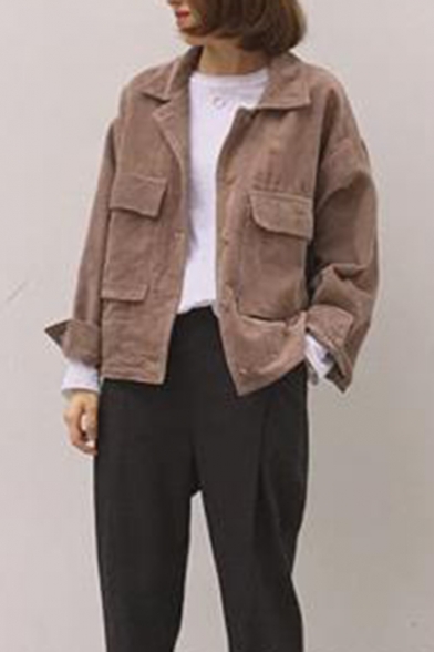 Preppy Chic Peaked Lapel Collar Single Breasted Corduroy Cropped Jacket with Big Flap Pocket