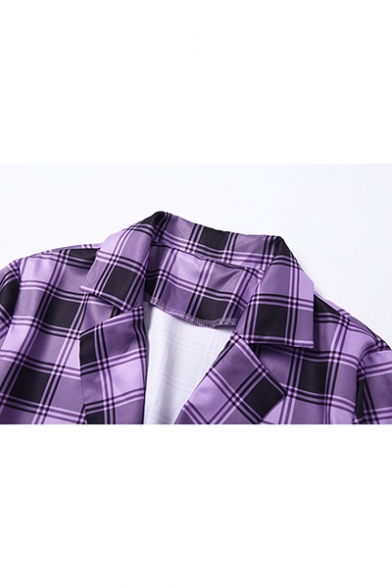 Purple Plaid Pattern Notched Lapel Collar Ribbon Embellished Cropped Blazer Jacket