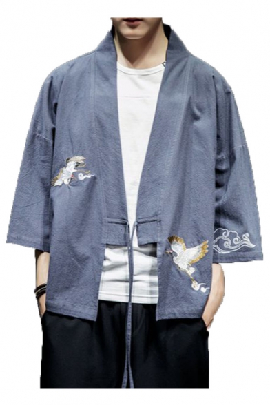 Retro Chinese Style Three-Quarter Sleeves Ukiyo-e Crane Embroidery Linen Cotton Cardigan Kimono Blouse for Men