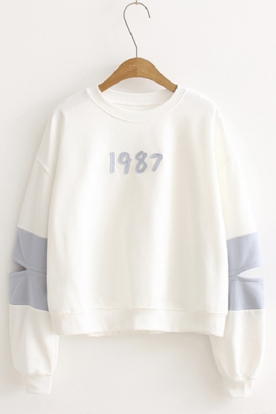Simple 1987 Letter Embroidered Round Neck Cutout Long Sleeve Color Block Loose Pullover Sweatshirt
