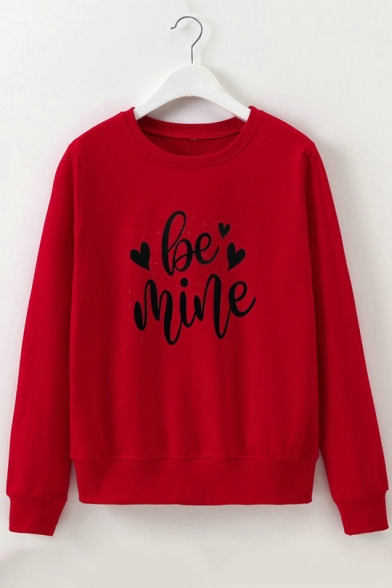 Simple Love Letter Love Heart Printed Round Neck Long Sleeves Pullover Sweatshirt
