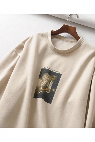 Street Style Portrait Letter Print Long Sleeve High Neck Beige Oversized Sweatshirt