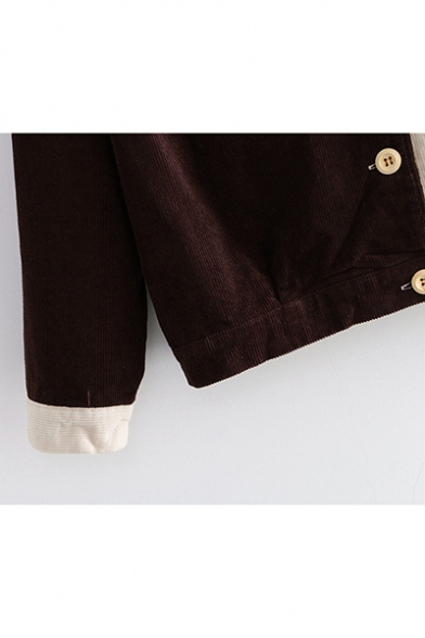 Students Vintage Color Block Lapel Collar Button Front Casual Corduroy Jacket