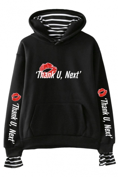 Stylish Womens Long Sleeve THANK U NEXT Letter Red Lip Printed Fake Two Piece Pullover Hoodie