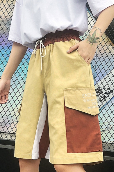 Summer Cool Hip Hop Style Drawstring Waist Pocket Side Colorblock Patch Letter Printed Cargo Shorts