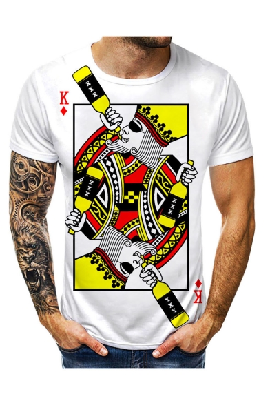 Summer New Stylish Poker Pattern Round Neck Short Sleeve Casual White T-Shirt