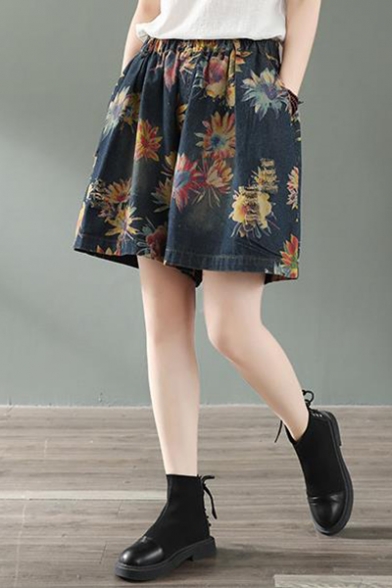 Summer New Trendy Elastic Waist Floral Printed Casual Loose Oversize Denim Shorts