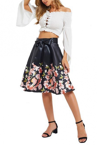 Summer Street Style Bow Waist Floral Printed Black Mini A-Line Flared Skirt