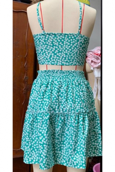 Summer Stylish Straps Sleeveless Cropped Top with High Waist Flared Hem Mini A-Line Skirt Floral Printed Two Piece Set