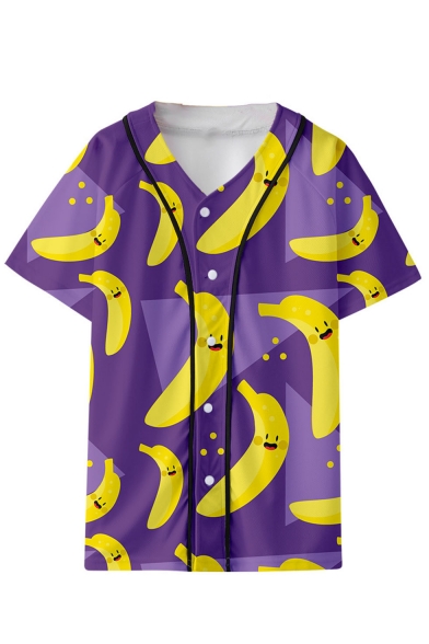 Summer Trendy 3D Banana Printed V-Neck Short Sleeve Button Down Purple Baseball Shirt