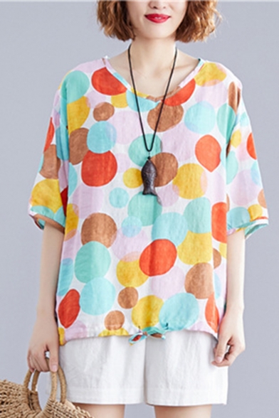 Summer Trendy Colorful Polka Dot Print V-Neck Short Sleeve Casual Loose T-Shirt