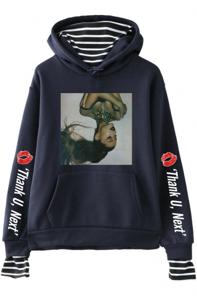 Thank U Next Letter Figure Printed Long Sleeve Fake Two Piece Hoodie with Pocket