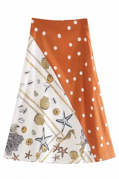 Unique Polka Dot Shell Animals Colorblocked Printed A-Line Skirt